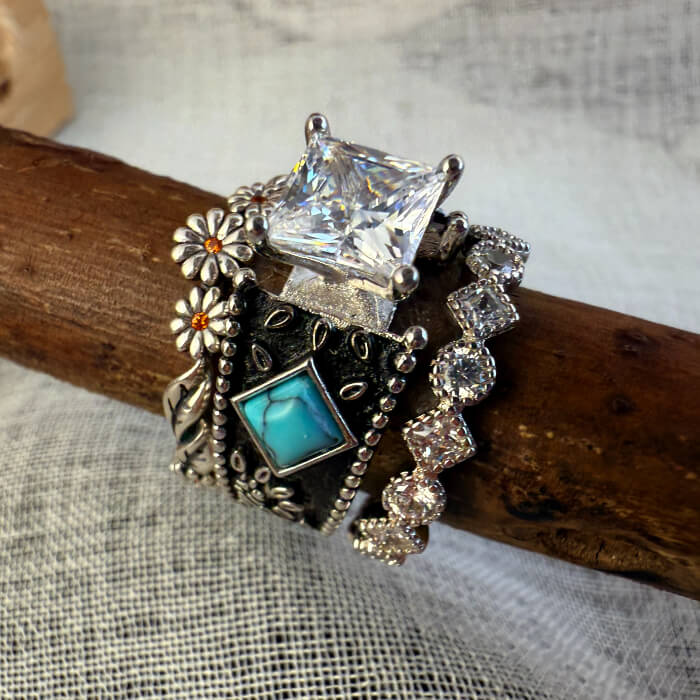 3pc vintage flower engraved diamond wedding ring set with turquoise accents