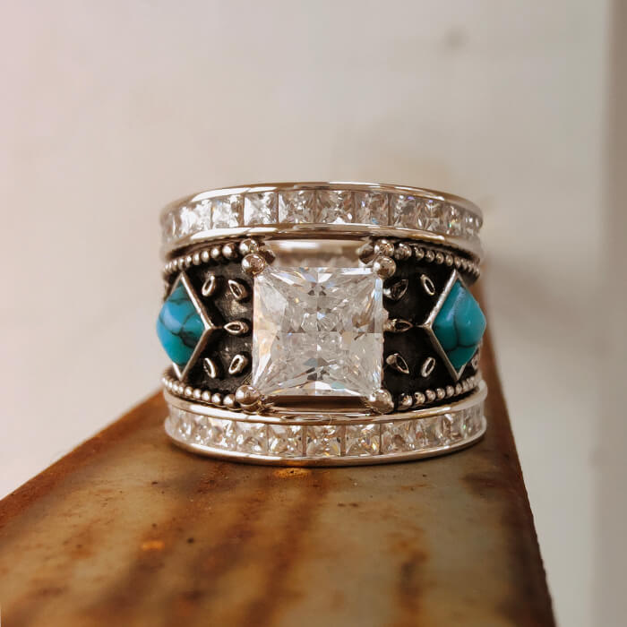 Western-style ring with square zircon and turquoise accents