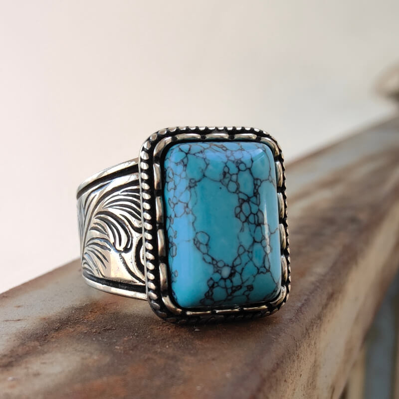 Vintage turquoise ring with silver band and rectangular turquoise stone
