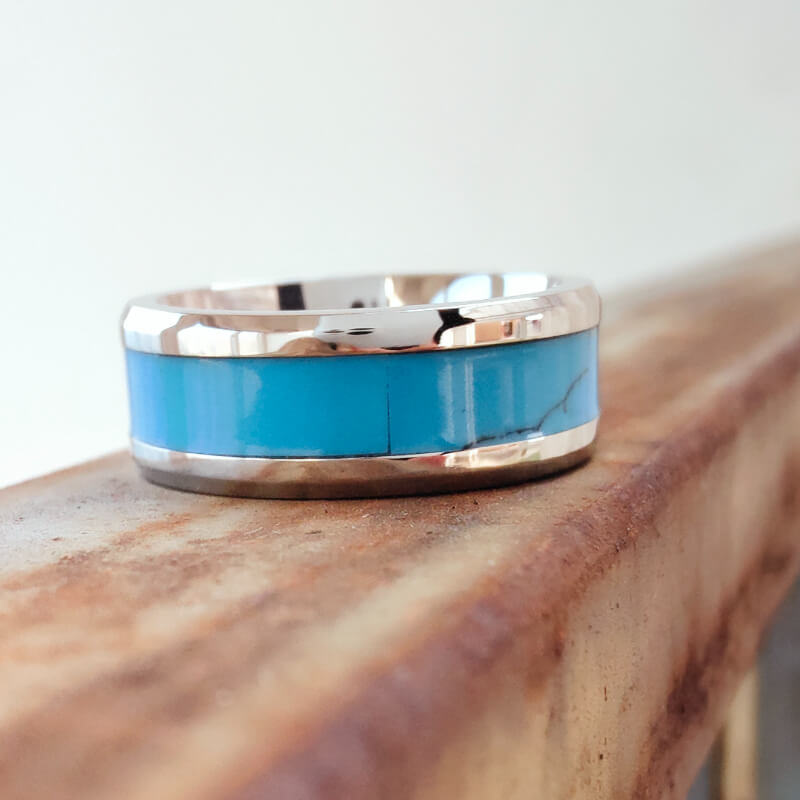 Inlaid Turquoise Band Ring with blue turquoise and silver band