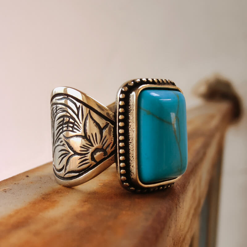 Flower wave band turquoise ring with rectangular stone and intricate engravings