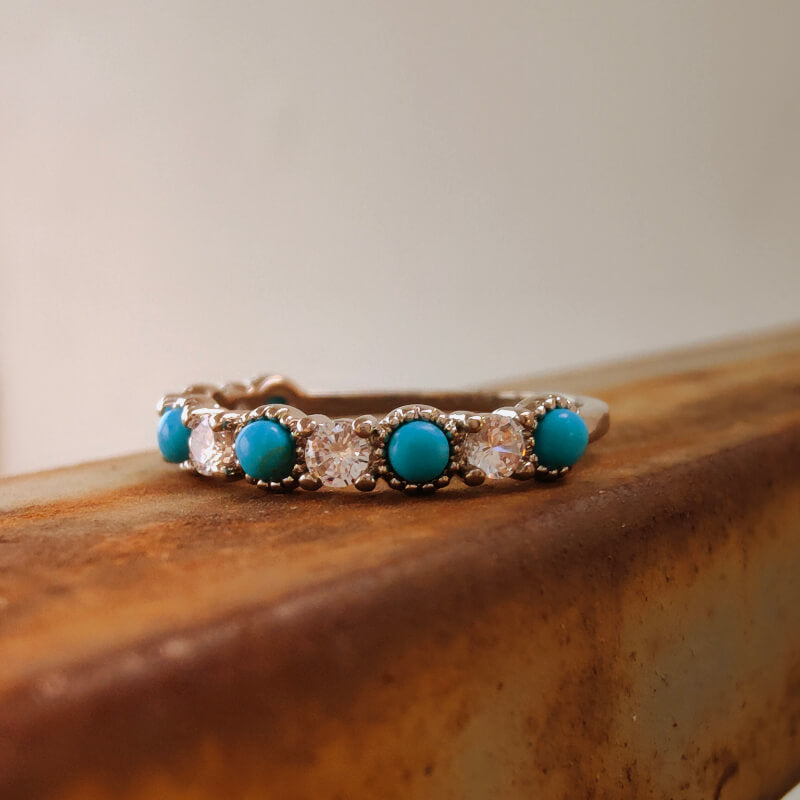 Silver turquoise diamond band ring with round stones