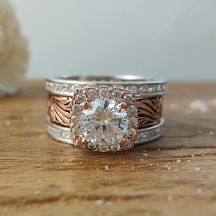 3pc round moissanite rose gold and silver promise rings