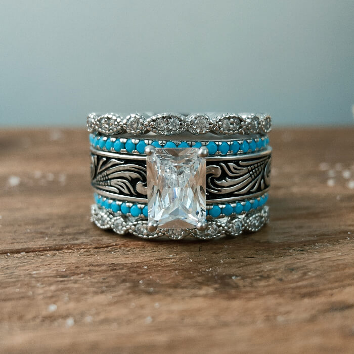 Sterling silver Western wedding ring with turquoise accents and rectangular zircon stone