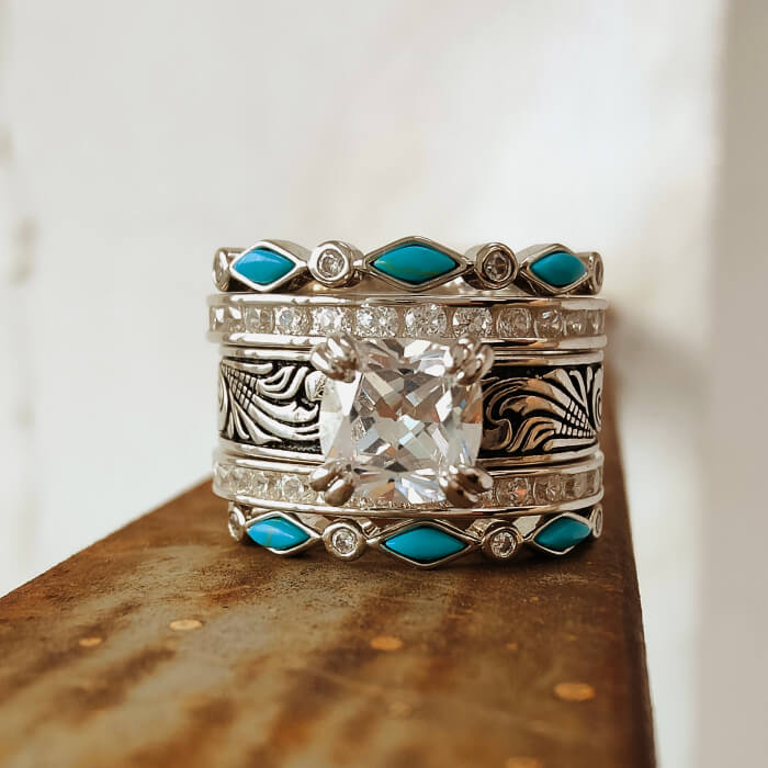 Sterling silver turquoise wedding ring set with diamond centerpiece