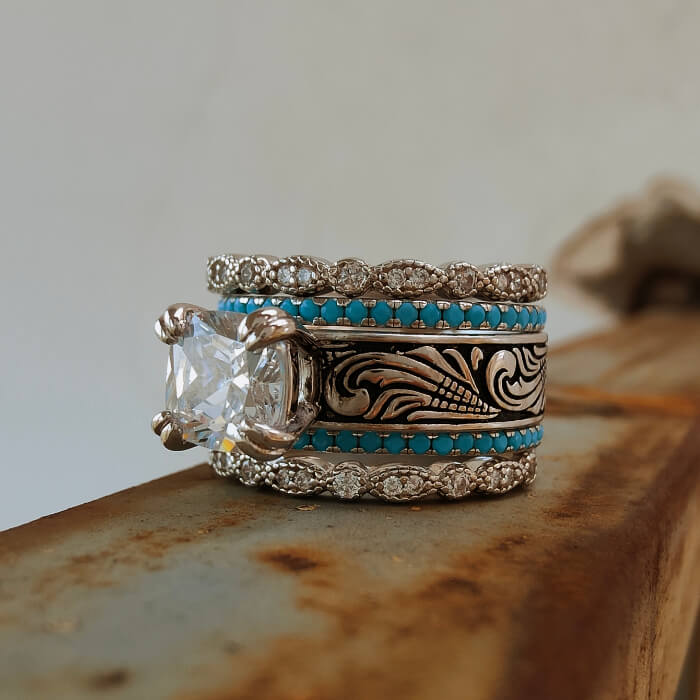 5pc Sterling Silver Western Wedding Rings with Turquoise – Retro
