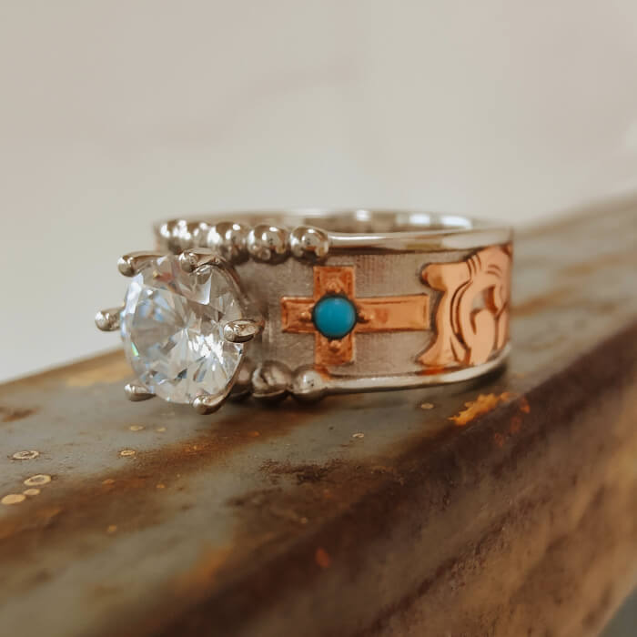 Western Cross Round Cut Turquoise Ring with zircon and turquoise accent