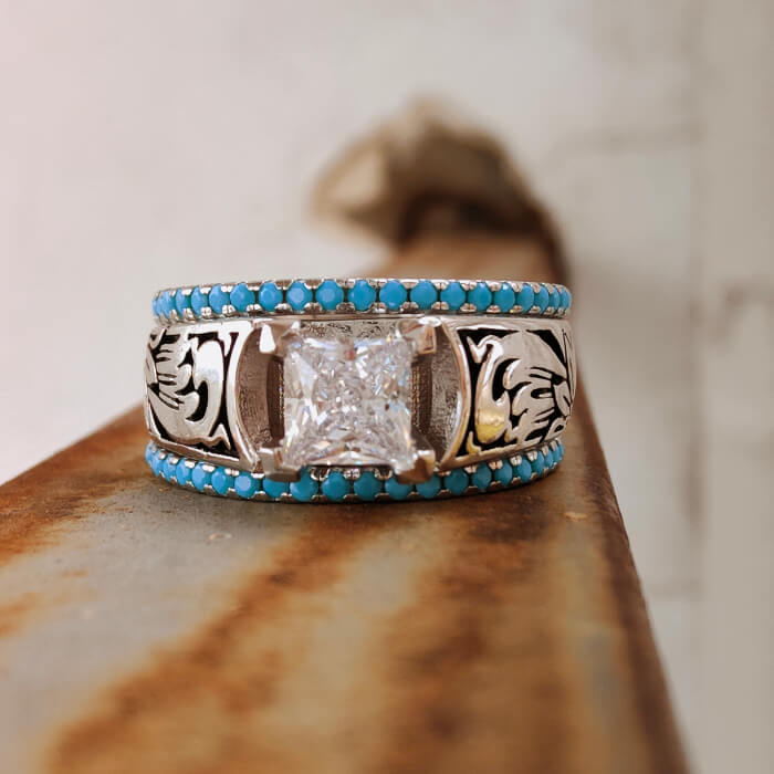 Princess cut moissanite engagement ring with turquoise accents