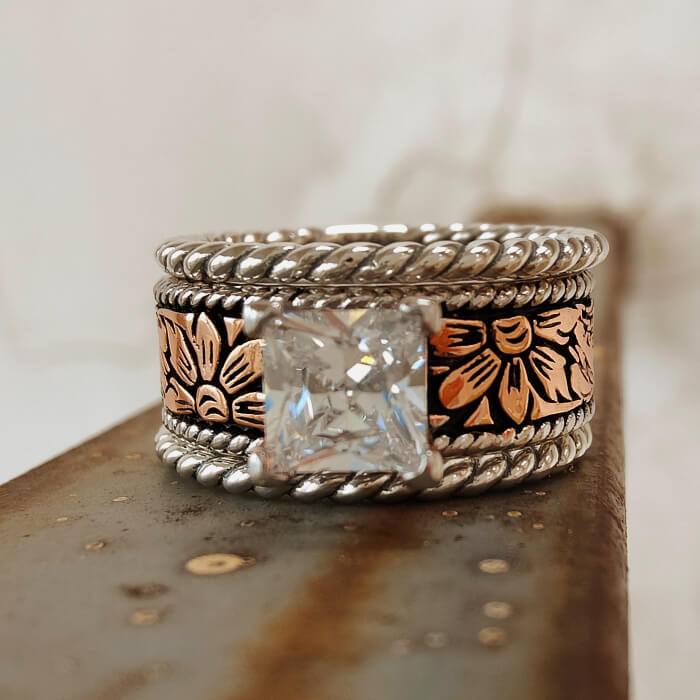 Rose gold princess cut diamond wedding ring with floral design