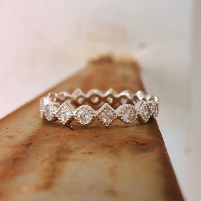 Sterling silver vintage round diamond stacker band with zircon gemstones