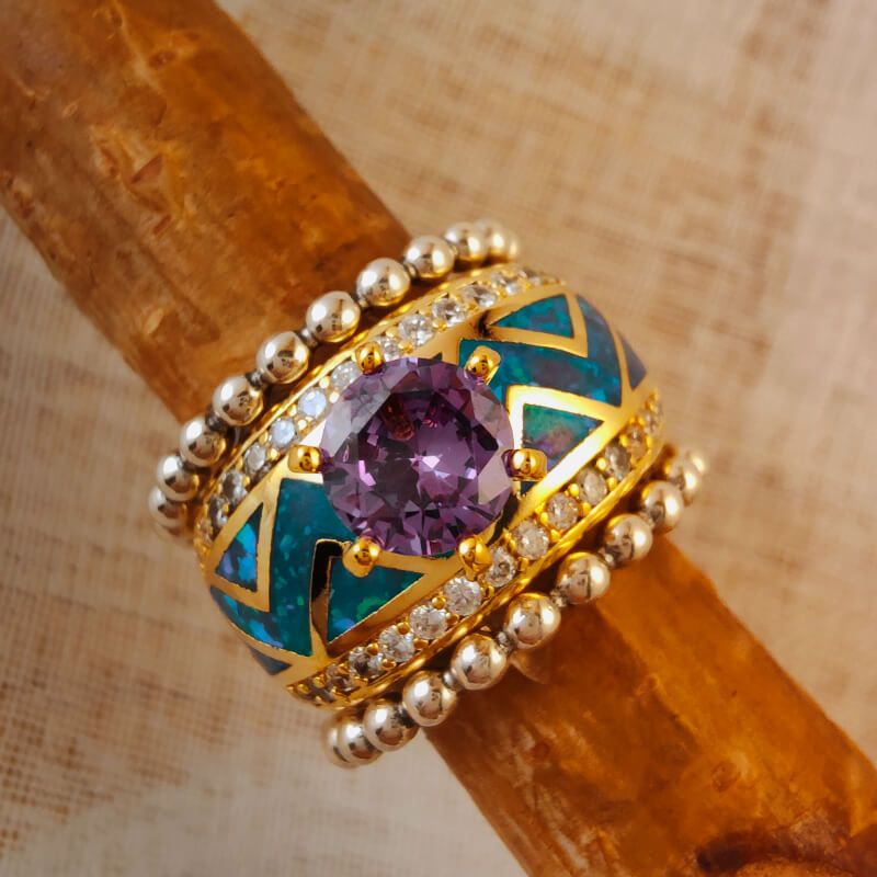 Sterling silver purple opal diamond ring with turquoise design