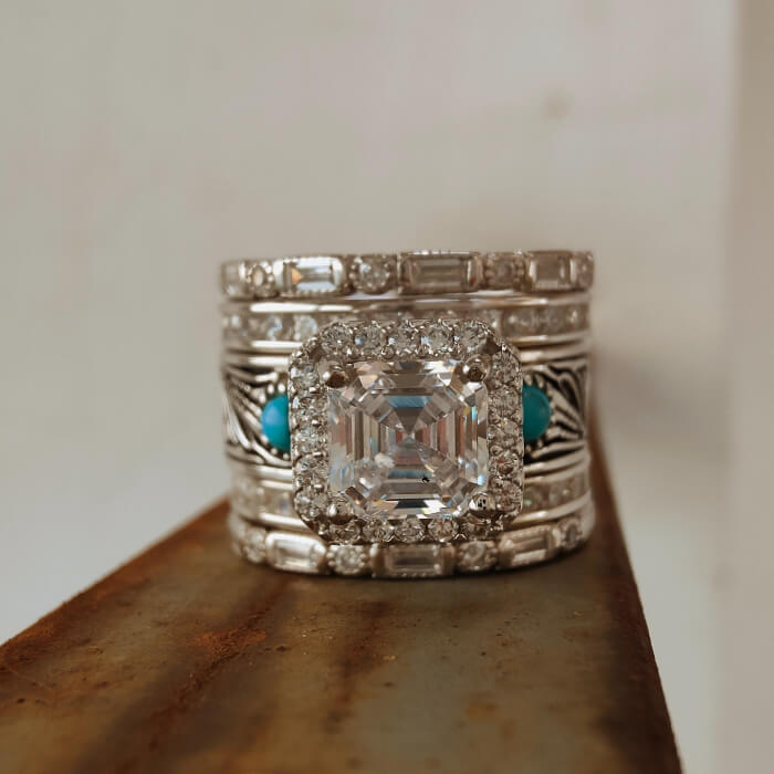 Sterling silver Western ring with radiant-cut diamond and turquoise accents
