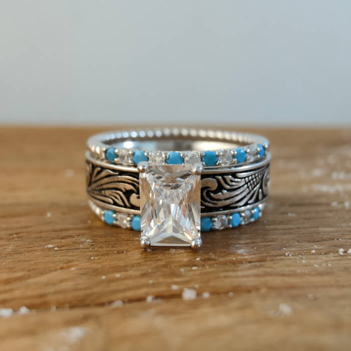 Western turquoise and zircon engagement ring with floral engraving