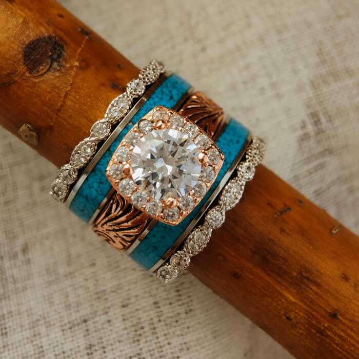 5pc vintage turquoise engagement rings with moissanite and diamond accents