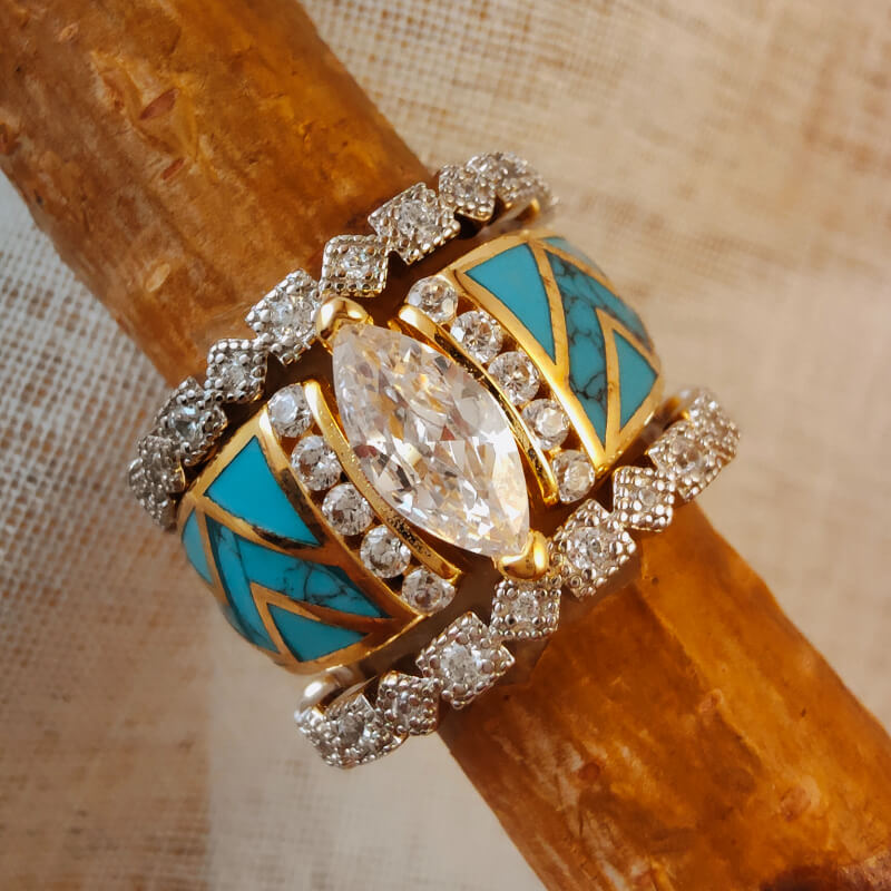 3pc sterling silver wave diamond turquoise ring set with marquise cut center stone