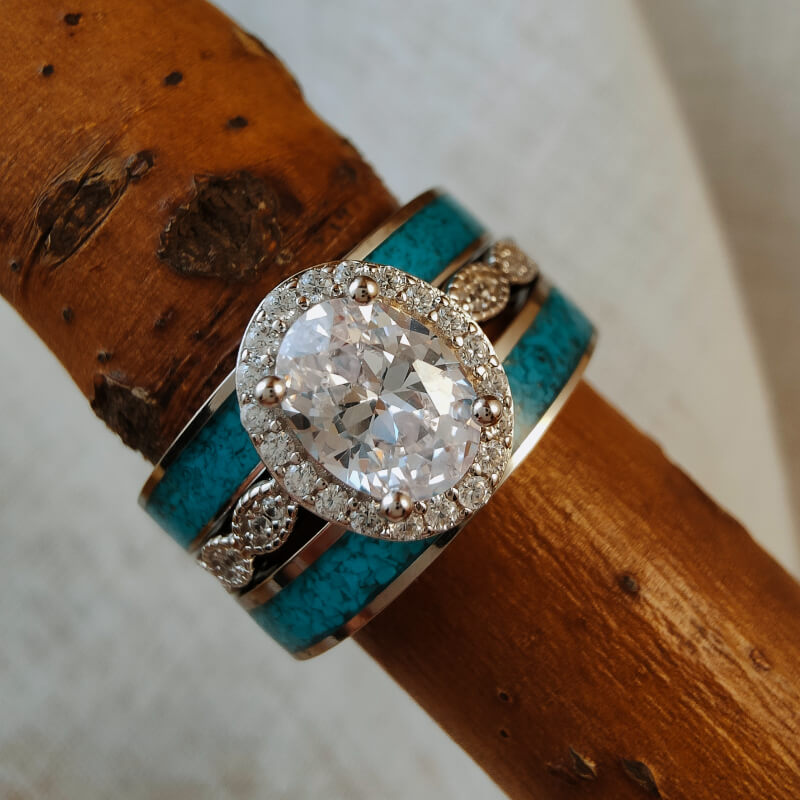 3pc Sterling silver oval moissanite and turquoise wedding ring set