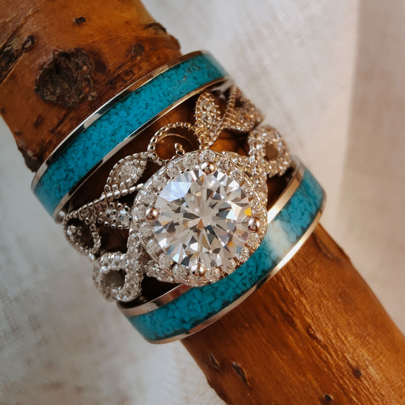 Silver engagement ring with moissanite and turquoise bands