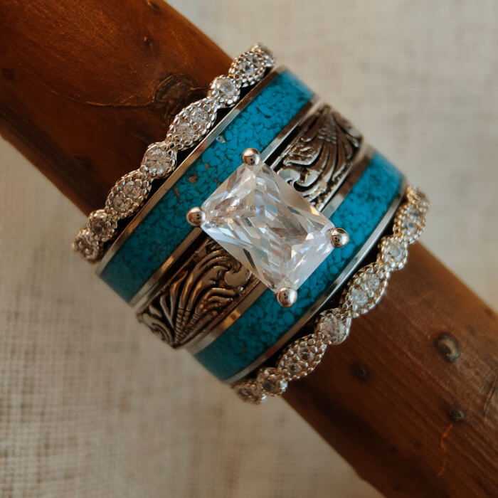 5pc sterling silver turquoise engagement rings with diamond accents