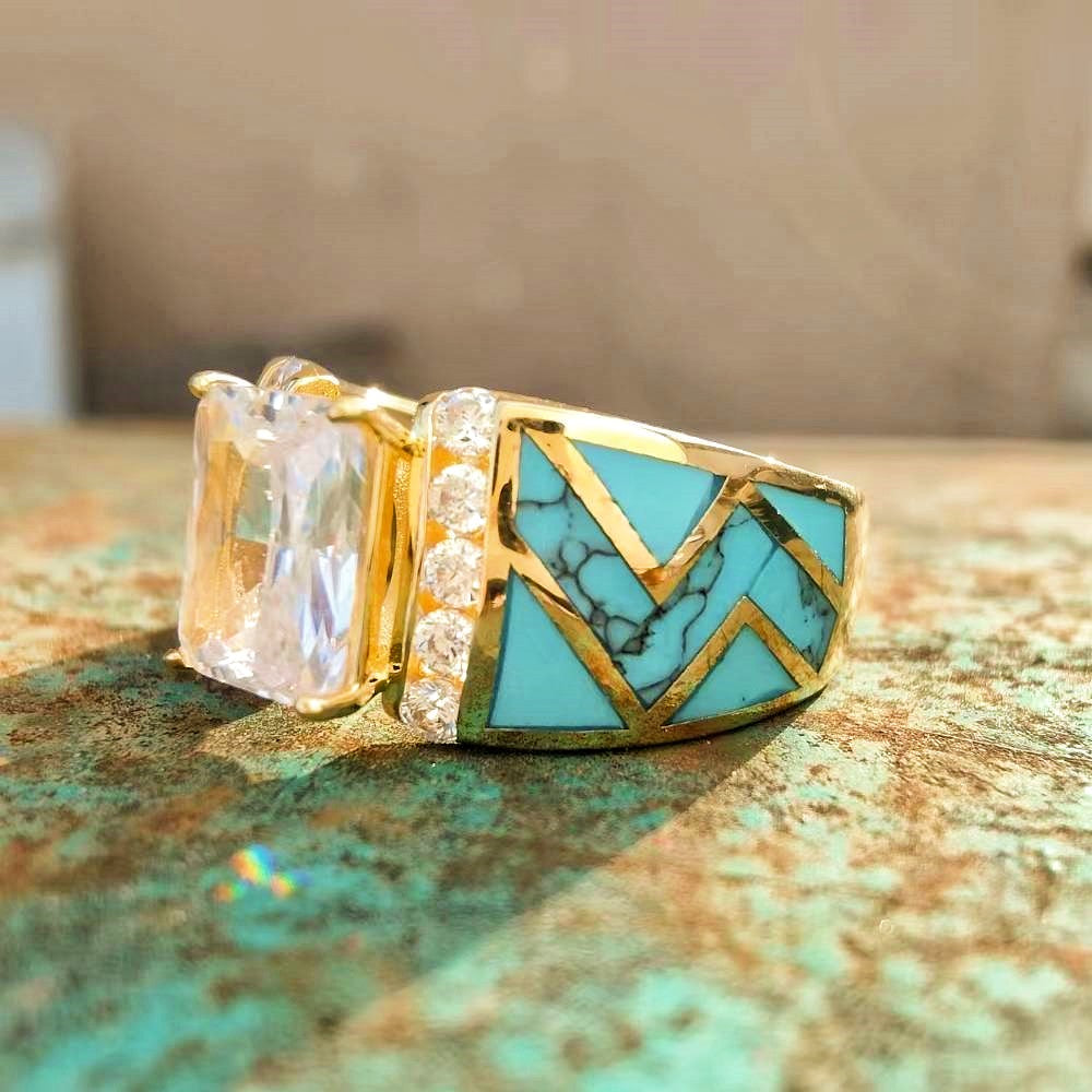 Gold ring with turquoise inlay and clear zircon stone for women
