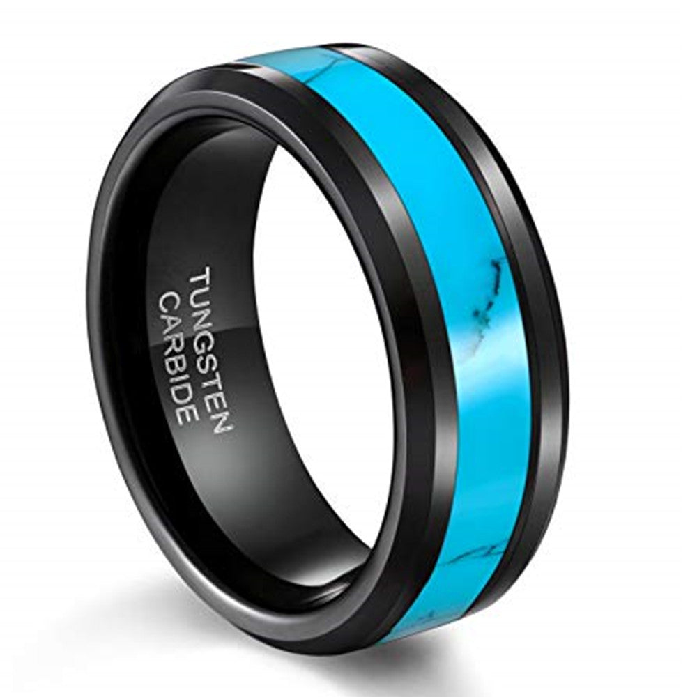 Black tungsten carbide ring with turquoise inlay, polished finish, 8mm width.