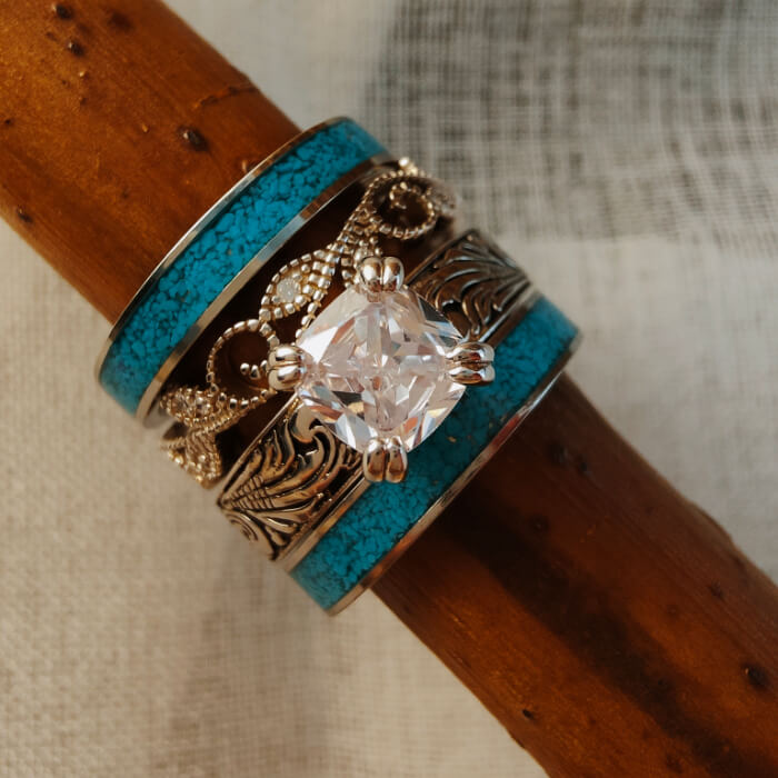 Sterling silver vintage diamond and turquoise wedding ring set