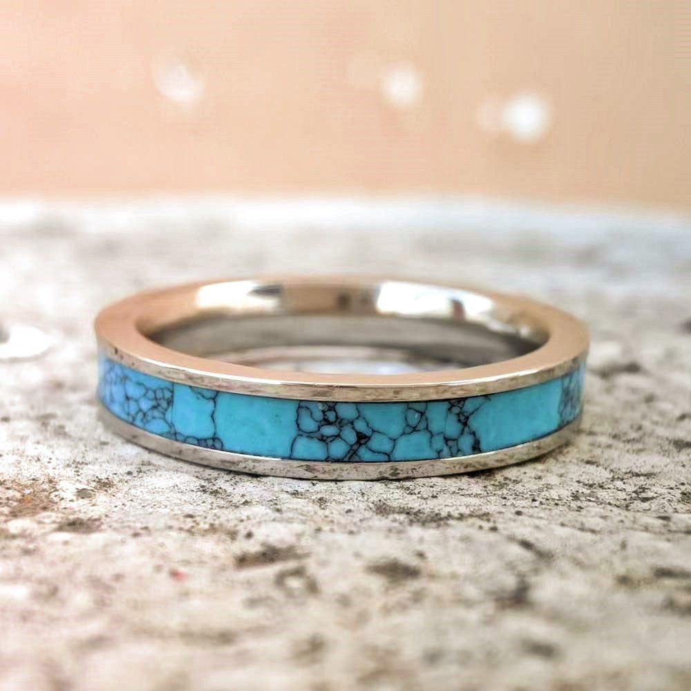 4mm turquoise steel band ring with silver edges and genuine turquoise inlay