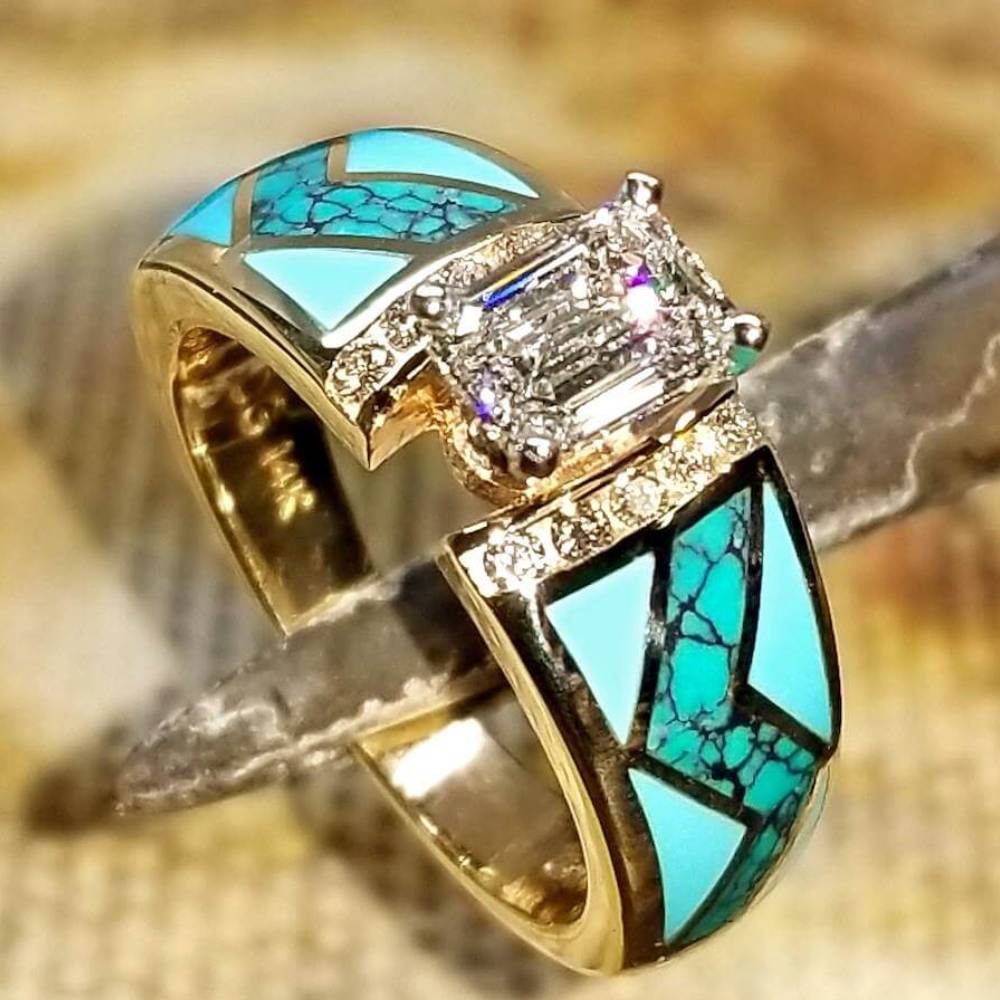 River Cuff Diamond Gold Turquoise Ring for Women – Retro Turquoise
