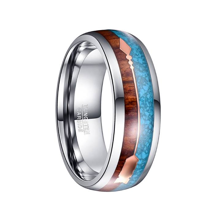 8mm turquoise veneer tungsten men's ring with wood and rose gold accents