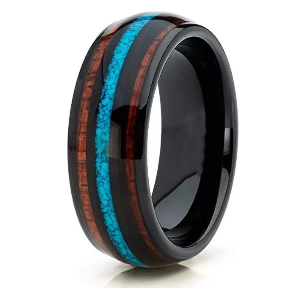 Three-slot turquoise acacia wood band ring with black finish