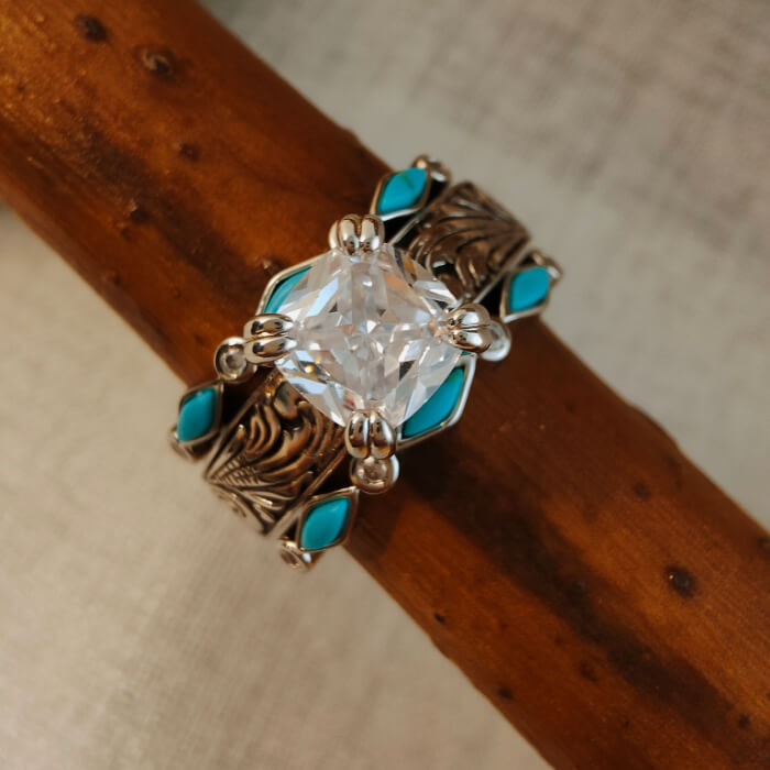 Vintage diamond zircon ring with turquoise accents in silver setting