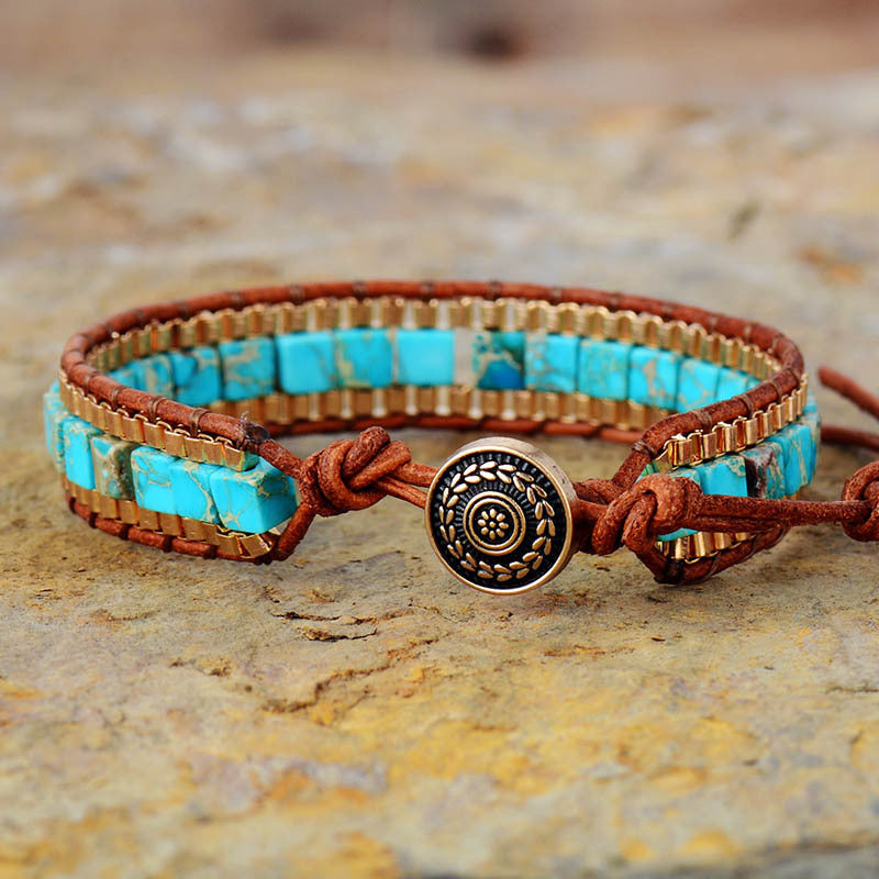 Boho turquoise hand woven bracelet with decorative button clasp
