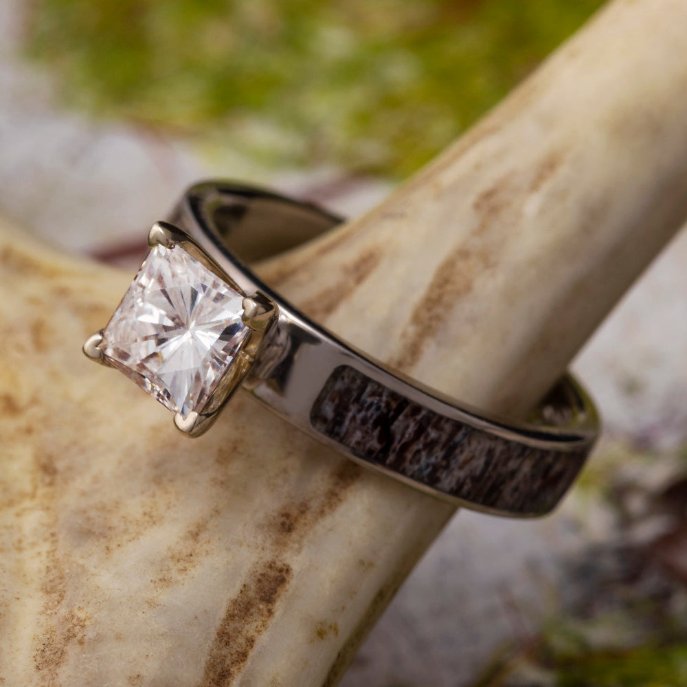 Antler Square Diamond Ring with princess-cut diamond and antler inlay band
