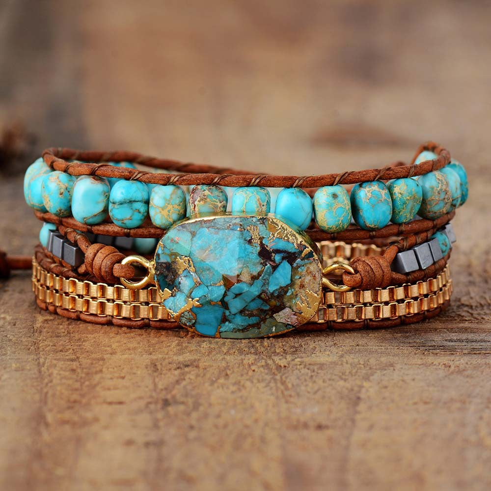 Bohemian Corner Turquoise Triple Row Bracelet with brown leather and gold accents
