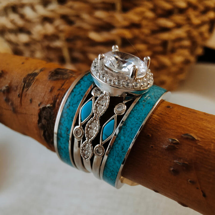 5-piece sterling silver wedding ring set with oval moissanite and turquoise inlay