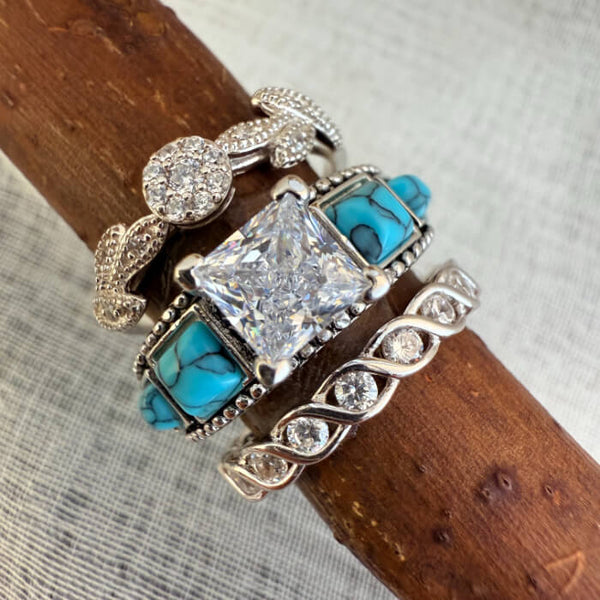 3pc Sunflower Wide Band Square Turquoise Woman Wedding Set