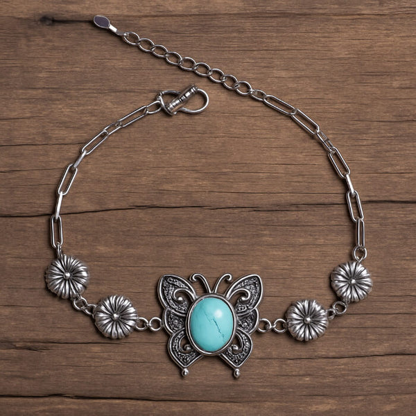 Vintage Turquoise Butterfly Bracelet – Silver Paperclip Chain & Floral Concho Design