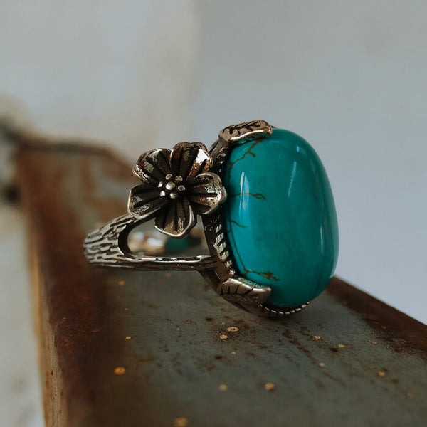 Slide Flower Engraved Band Oval Women Turquoise Rings