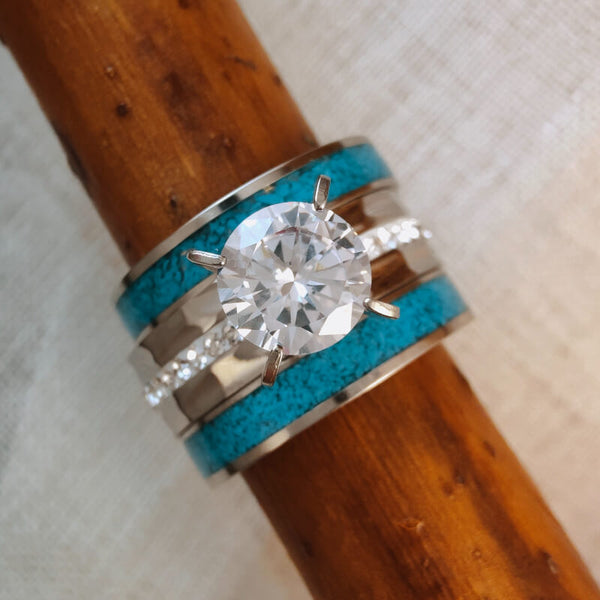 3pc Women Steel Turquoise Diamond Ring Set