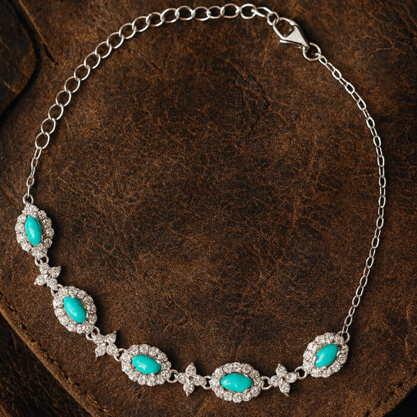 Vintage Floral Halo Turquoise Bracelet –Sterling Silver & Crystal Link Chain