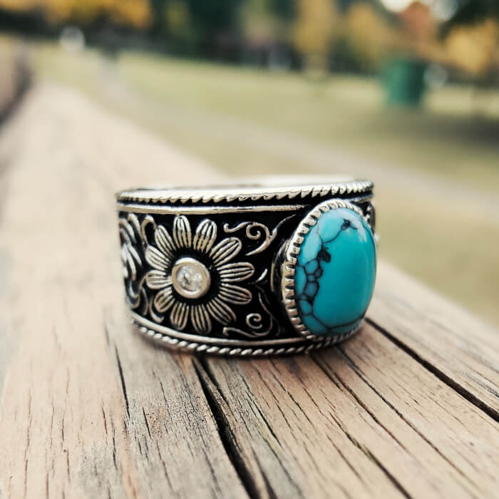 Western Turquoise Floral Ring – Vintage Silver Engraved Wide Band ...