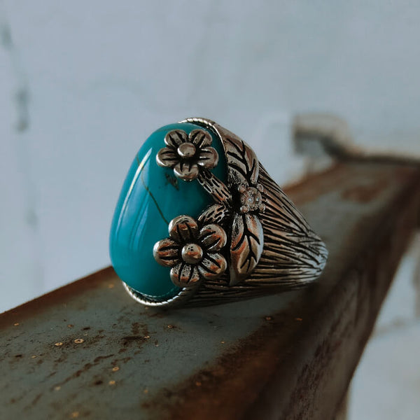 Slide Flower Engraved Oval Turquoise Rings Womens