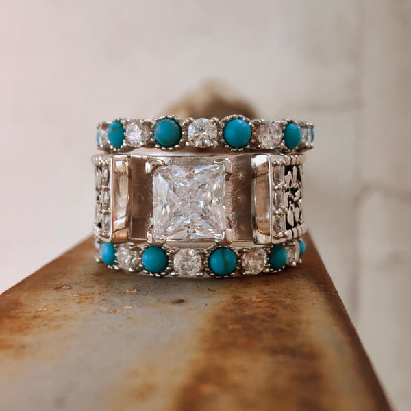 Princess cut moissanite vintage cuff ring with turquoise and diamond accents