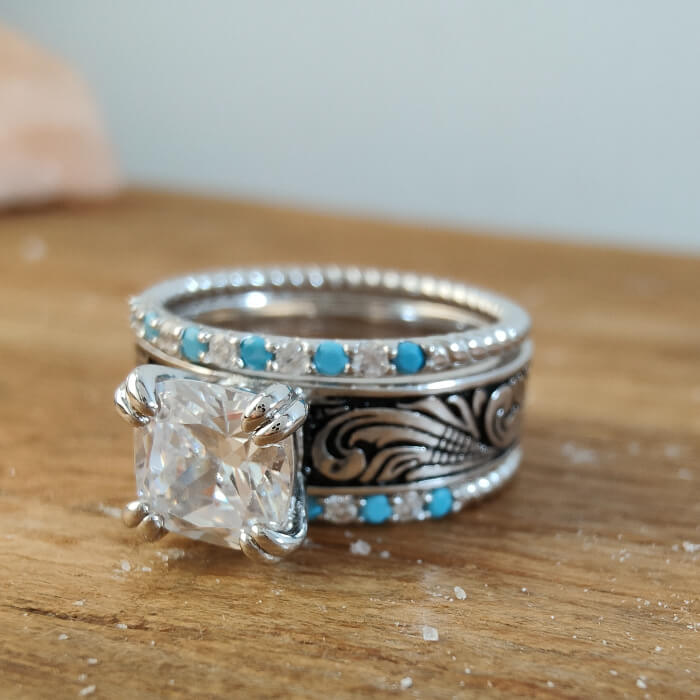 3-piece turquoise and diamond wedding ring set with floral design and blue stones