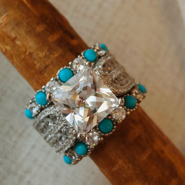 Sterling Silver Full Diamond Turquoise Wedding Ring Set