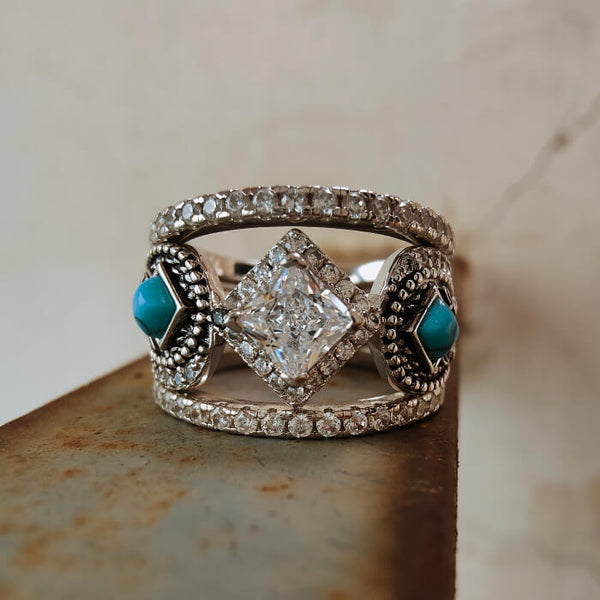 3pc Princess Cut Diamond Westct Turquoise Wedding Ring Set