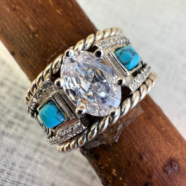 3pc Square Turquoise Western Engagment Rings