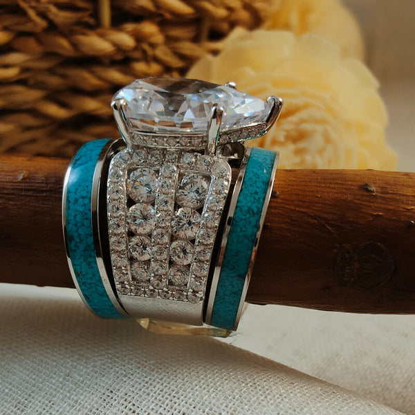 3pc Sterling Silver Pear Diamond Turquoise Engagement Ring