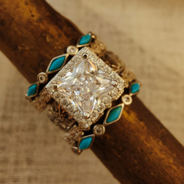 5pc Flower Princess Cut Western Rhombus Turquoise and Diamond Ring