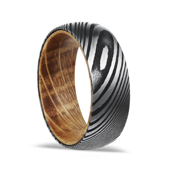 Mens Tungsten Damascus White Oak Wood Band Ring