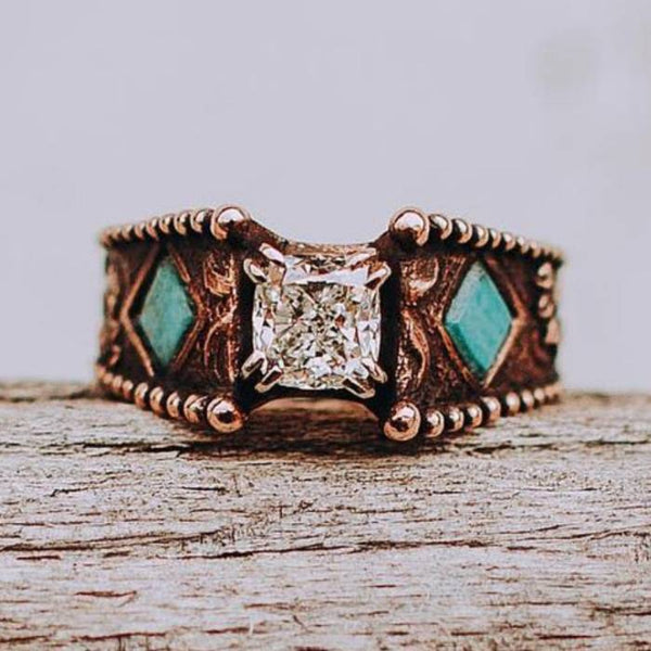 Womens Engraved Western Turquoise Engagement Ring